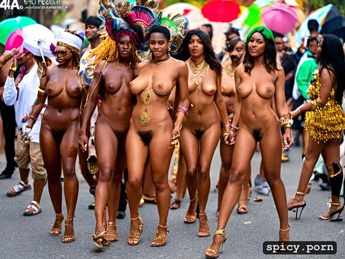 holding hands in a parade, naked, displaying their bodies, ultra large