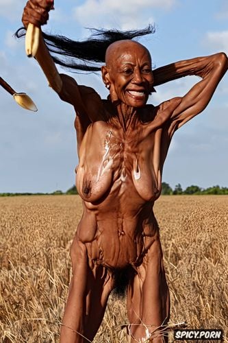 solo female holding a spear, fully nude, nude, crackhead granny