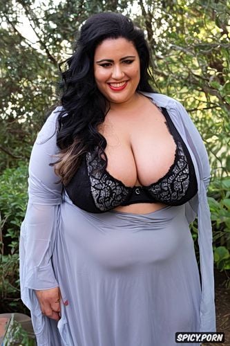 gigantic hanging tits, gigantic huge wide hips, half view, laughing