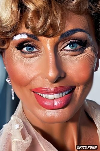 sophia loren, smiling, sperm on glasses, sperm on chin, sperm on lips