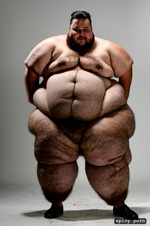 super obese chubby man, cute round face with beard, realistic very hairy big belly