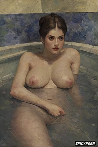 dark ominous atmosphere, women in humid bathroom with fingertip nipple touching breasts tiled bathing