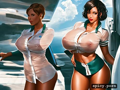 elegant, natural big boobs, vibrant colors, short hair, air hostess air hostess open transparent shirt air hostess jacket revealing breasts