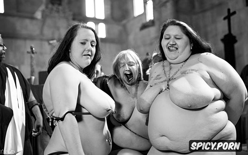obese, fat, bound, flirty, cathedral, gray pussy, nude, ultra detailed