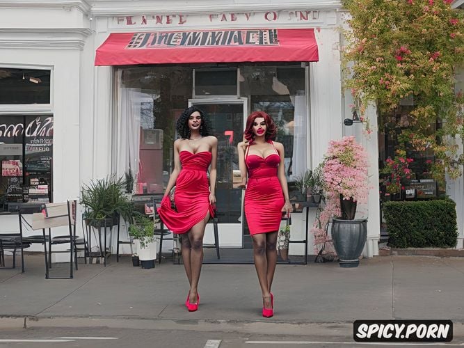 high heels, makeup, standing in front of a cafe, perfect body