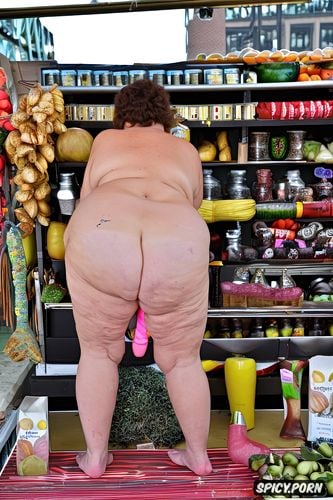 curvy ok luck, naked fat old woman looking askance at a market stall full of dildos and inflatable dolls