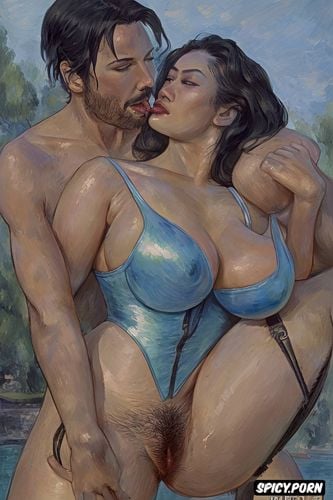 grabbing neck, abs, steam, fat woman, realism painting, licking finger