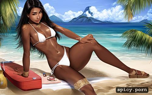 intricate long hair, nice legs, white bikini, sitting on the beach