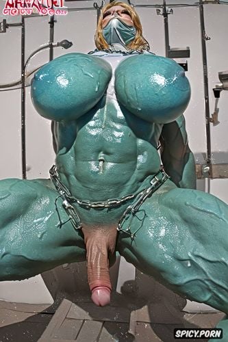 enormous muscles, breast expansion, chains, green body, spreading legs