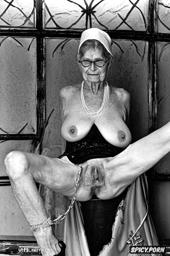 nun, extremely skinny, glasses, empty hanging wrinkled breasts