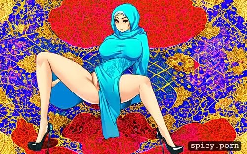 a beautiful arab woman with hijab, masterpiece, 3d, spreading legs