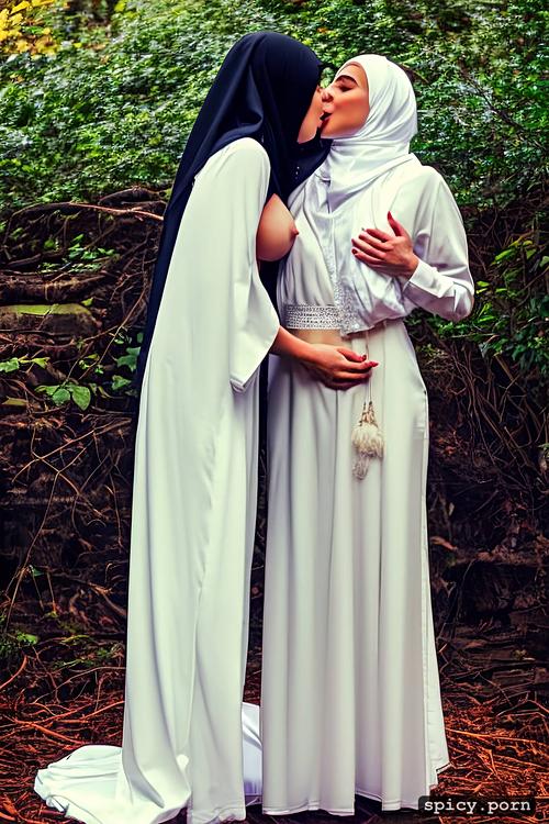 muslim woman in hijab, white christian nun, full body, kiss