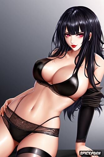 shiny, and massive big juicy breasts with perky hard nipples that are peaking through the kimono kuro wears black a pitch black kimono that slightly covers her oiled curvy divine body her shoes are long