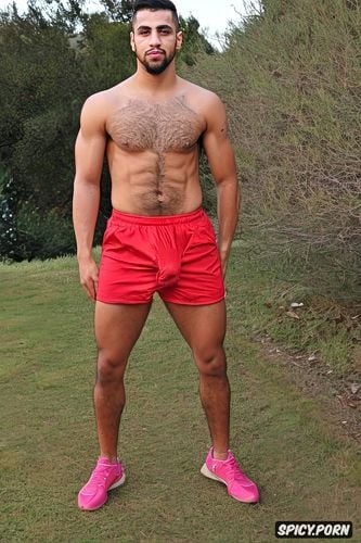 boxing professional, arab gay man naked, wearing redshorts, shaved face