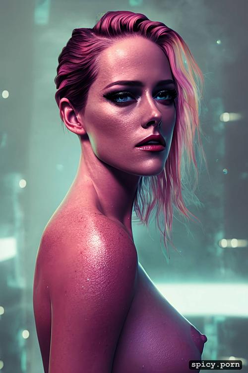 flow, nude, the style of light blue and pink, fiery kristenstewart with fire smoke around her