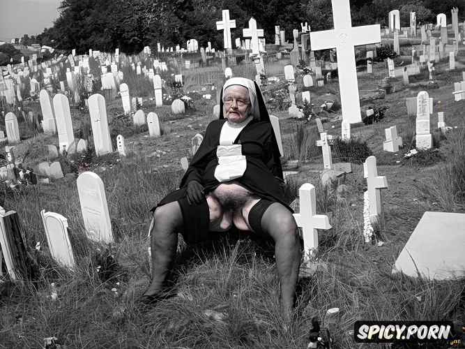 vaginal gape, pale, outdoors, spreading short fat legs, reverend nun