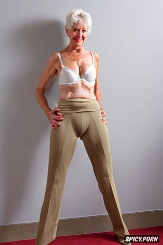 beige pantyhose, photo studio light, blank background, grey hair
