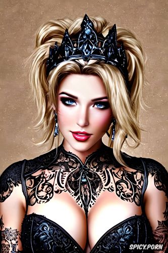 tattoos masterpiece, k shot on canon dslr, ultra detailed, mercy overwatch beautiful face young tight low cut black lace wedding gown tiara