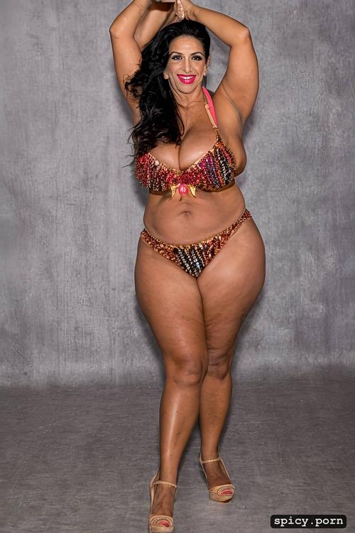 full body view, color portrait, giant hanging boobs, 57 yo beautiful lebanese dancer