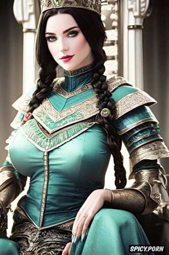 confident smirk, female knight, wearing green scale armor, dark blue eyes
