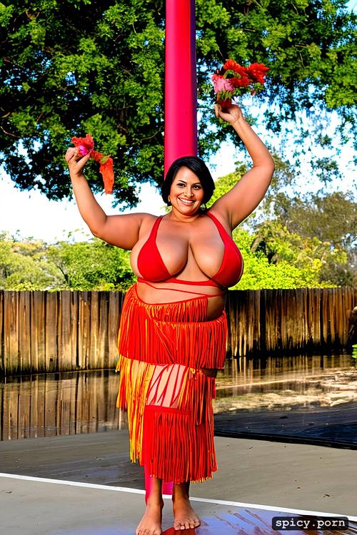 color photo, flawless smiling face, 53 yo beautiful hawaiian hula dancer
