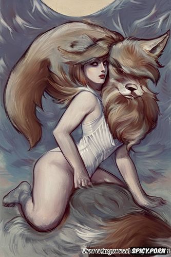 megadrive, sitting on wolf, running wolf, lifting one leg, hairy vagina
