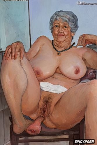 very wide hips, the very old fat grandmother skirt has nude pussy under her skirt