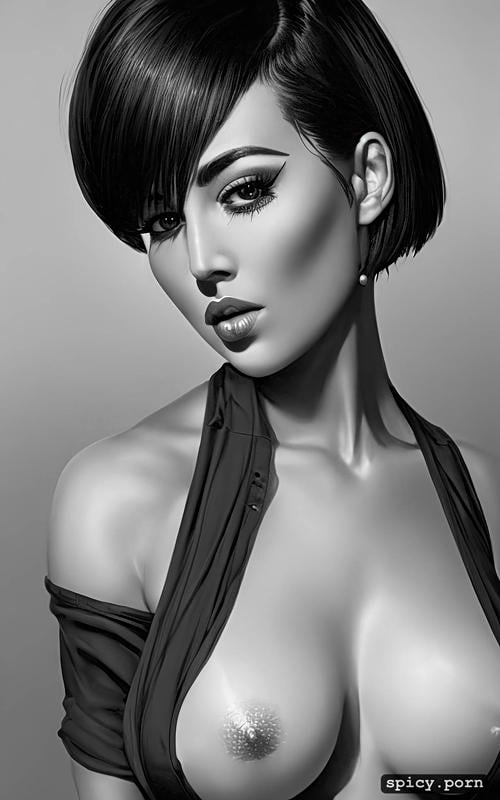 mookda narinrak, detailed face, small boobs, intricate short black bob hair
