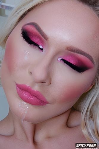 cum all over face, thick pink makeup, eye contact, pink eyeshadow
