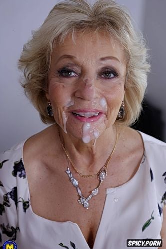 cum on face, look into camera, random normal petite granny, huge load of cum