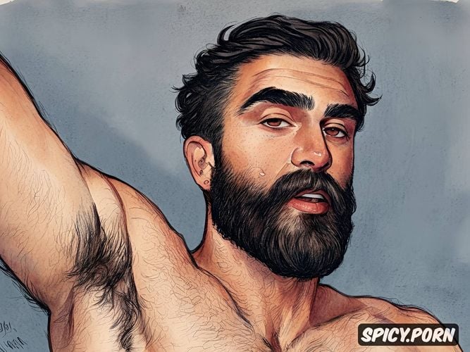 bearded gay hairy man, 35 yo, dark hair, happy face, hairy chest