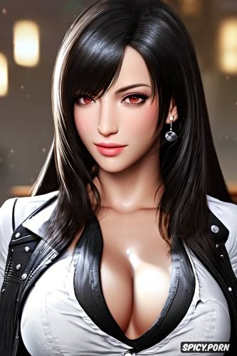 ultra realistic, k shot on canon dslr, ultra detailed, tifa lockhart final fantasy vii rebirth black blazer white shirt shirt unbuttoned soft lights beautiful face portrait