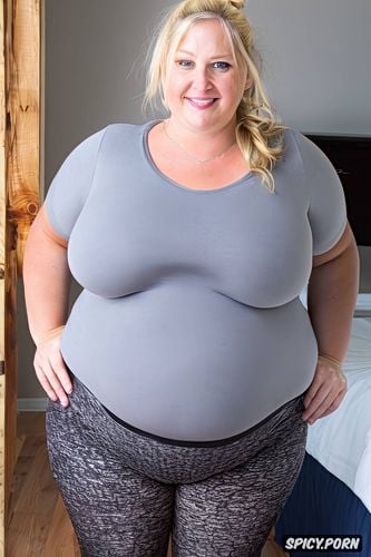 high quality realistic photo, huge round fat belly, blonde, shaved pussy