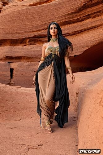 long black hair, goddess with lynx, pagan arabian goddess al uzza in traditional arabian clothing walking through canyon in red desert