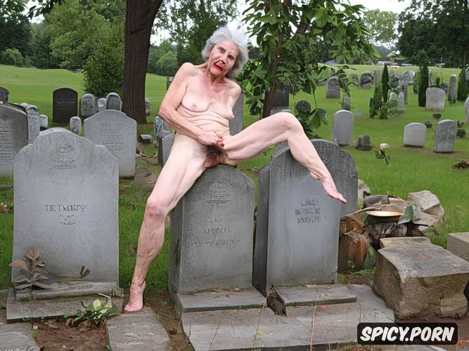 very wrinkled skin, sitting on gravestone, spreading legs, scrawny legs