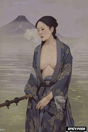 small breasts, droopy old tits, steam, torn kimono, lifting one knee