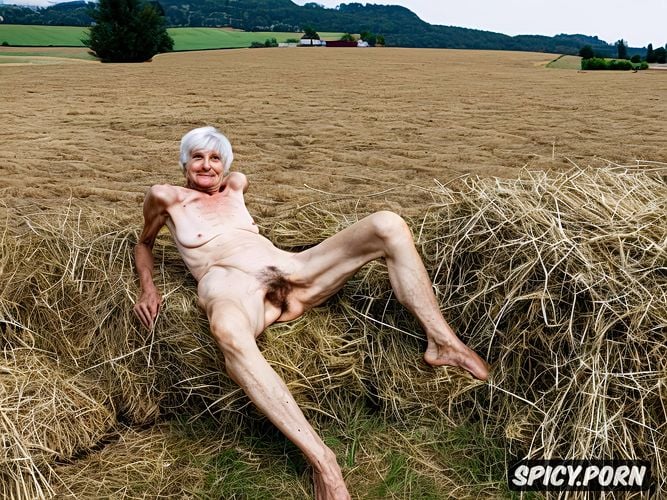 spreading hairy pussy, farm setting, thin body, naked, granny