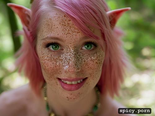 in the forest, smiling, deepthroat, freckles, pink hair, diamond necklace