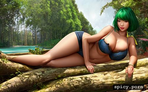 centered, green hair, forest, cleavage, gorgeous face, long legs