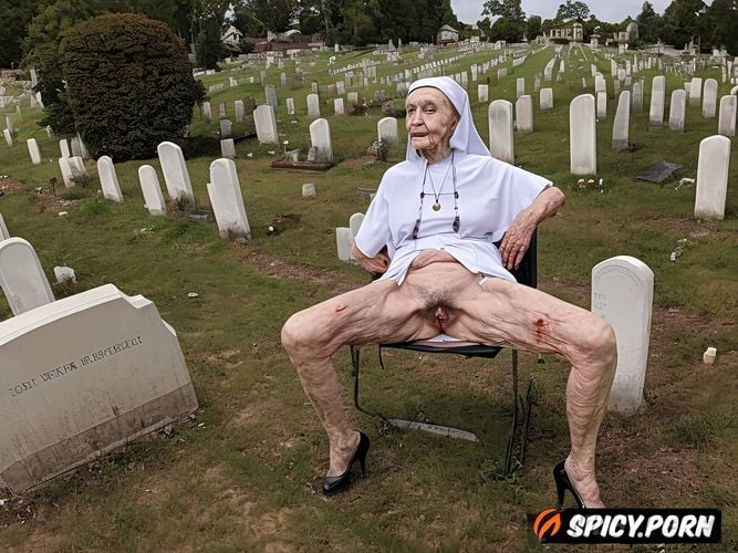 catholic nun, pale, very old granny, cemetery, spreading cellulite legs