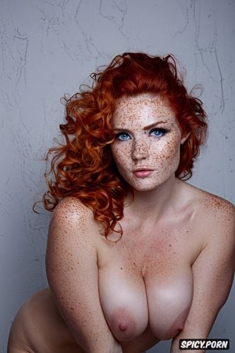naked, twenty five of age, curly red hair, symmetrical face