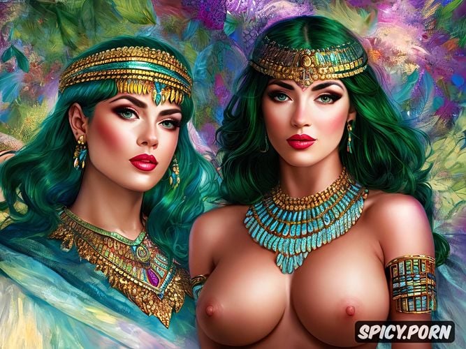 pixie hair, white woman woman, cleopatra, tiny breasts, green hair