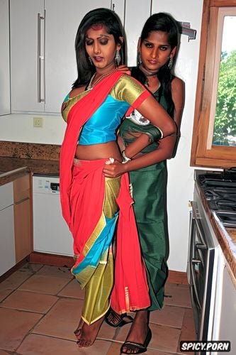 in kitchen, lesbian, malnourished ultra petite young jr high sri lankan teen big tits are groped by tall horny indian housewife