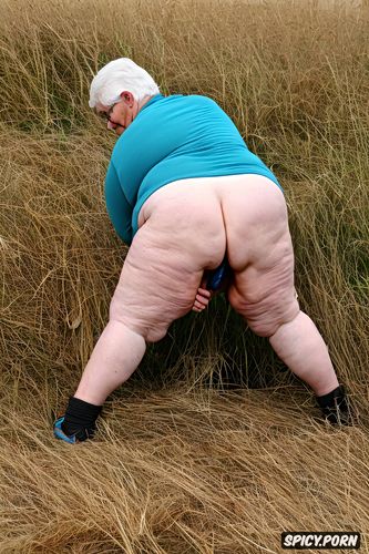 old granny, background tall grass, ssbbw, dimpled, massive butt pale