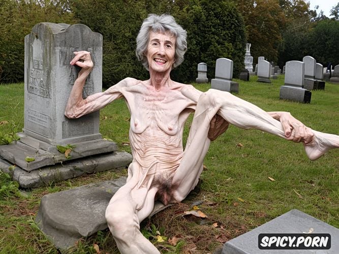 short grey hair, gaunt, cemetery, one super old granny, sitting on gravestone