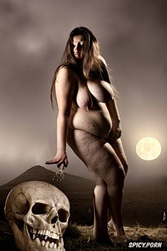 saggy tits, haunting human skeleton, fatty, moonlight, complete