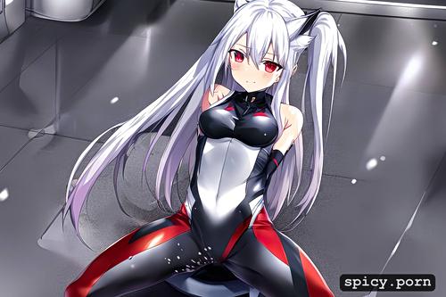 silver hair, red eyes, relieved because she is pissing, pale skin