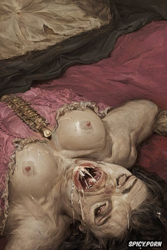 vampire, open mouth, drooling, exorcism, pink nipples, victorian gown