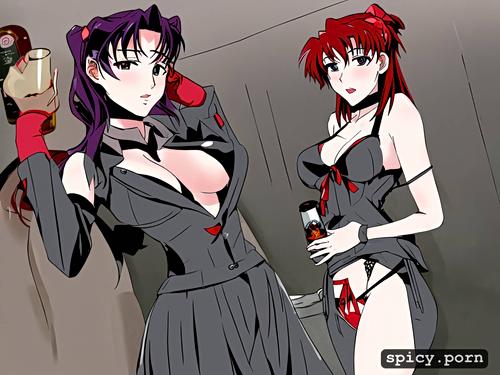 beer cans around, she is in only a lingerie, drunk misato from neon genesis evangelion seducing me