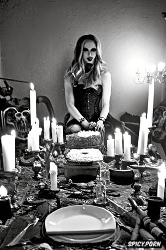 skulls in background, whore, satanic ritual, pentagram, seduction